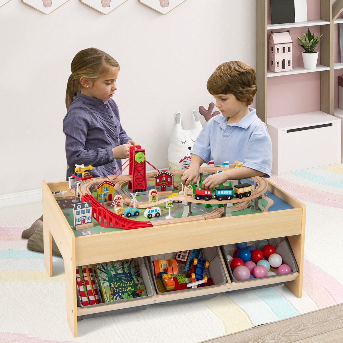 Wooden Train Set Table Kids Multipurpose Activity Play Table with 2 Reversible Tabletops-Red, photo 9 of 9
