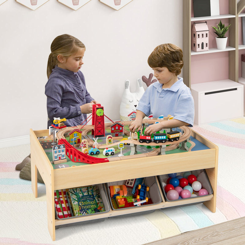 Wooden Train Set Table Kids Multipurpose Activity Play Table with 2 Reversible Tabletops-Red, photo 9 of 9