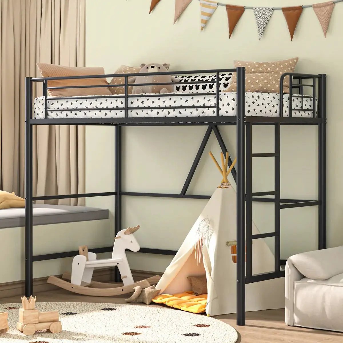 Twin size Black Metal Loft Bed Frame with Ladder - Space Saving Design by HomePacific
