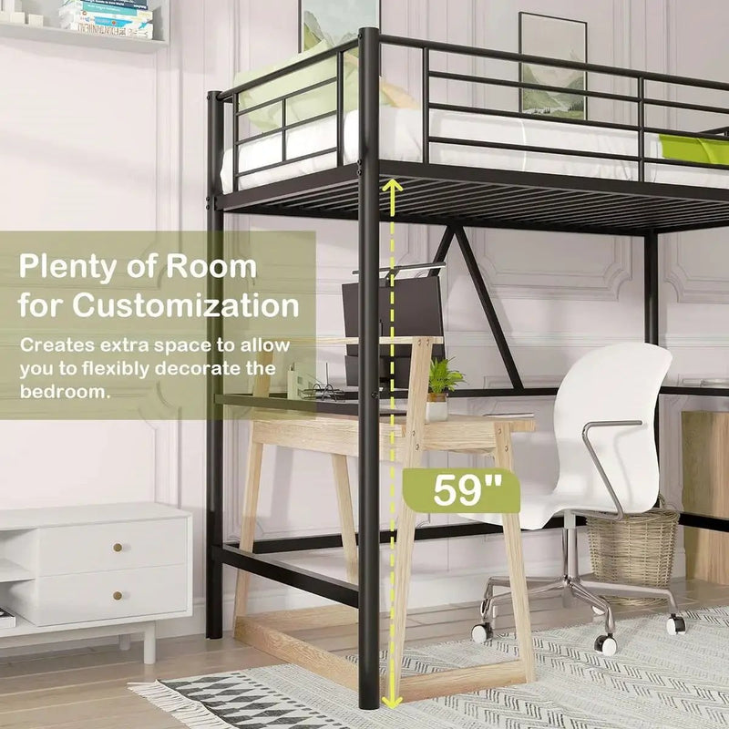 Twin size Black Metal Loft Bed Frame with Ladder - Space Saving Design by HomePacific
