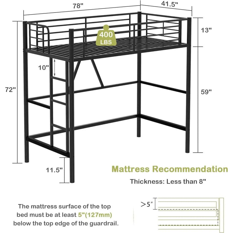 Twin size Black Metal Loft Bed Frame with Ladder - Space Saving Design by HomePacific