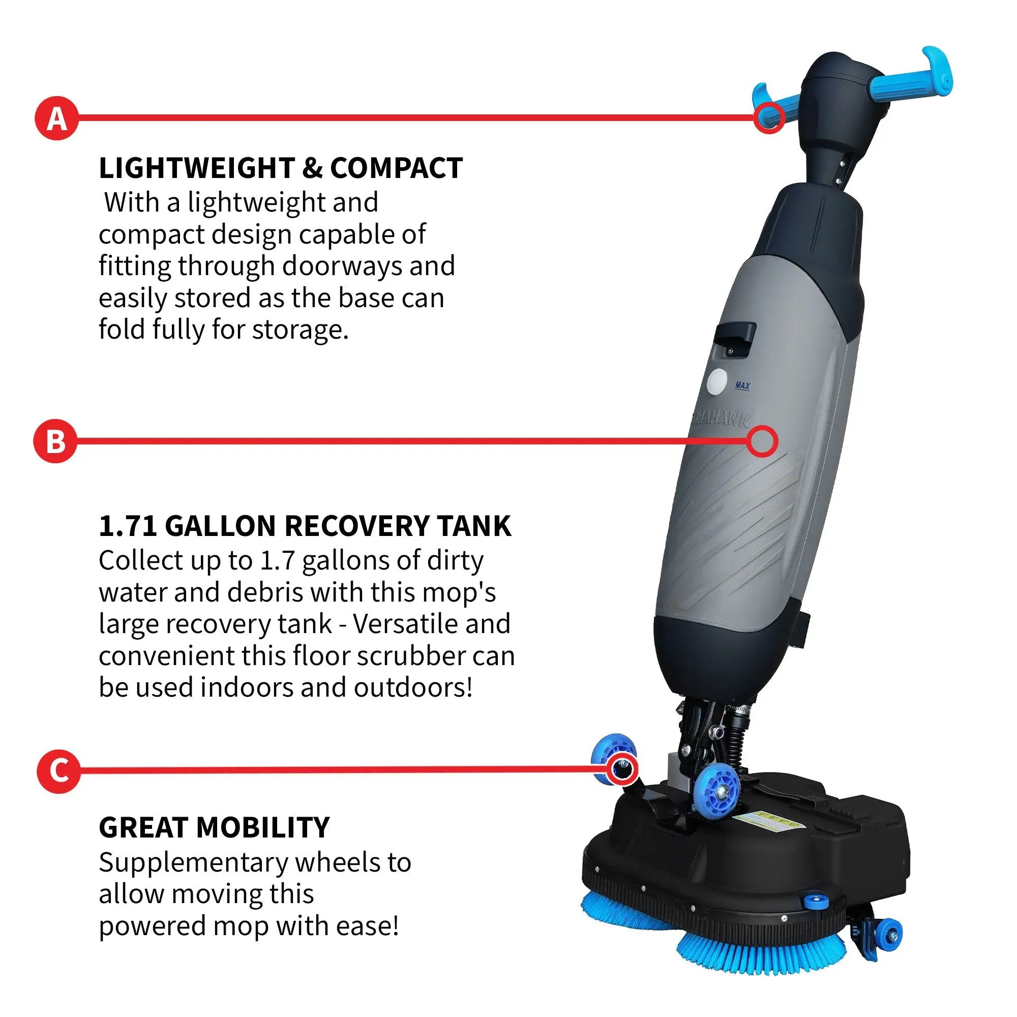 Electric Floor Scrubber Cleaner with 18” Power Mop Brushes Cordless 36V Battery Powered by Tomahawk Power