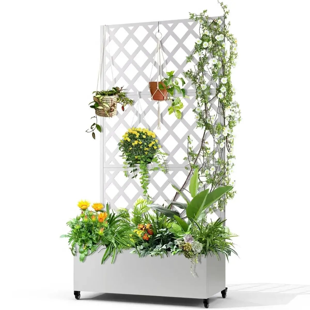 White Metal Outdoor Raised Garden Bed Planter Box with Trellis on Wheels by HomePacific
