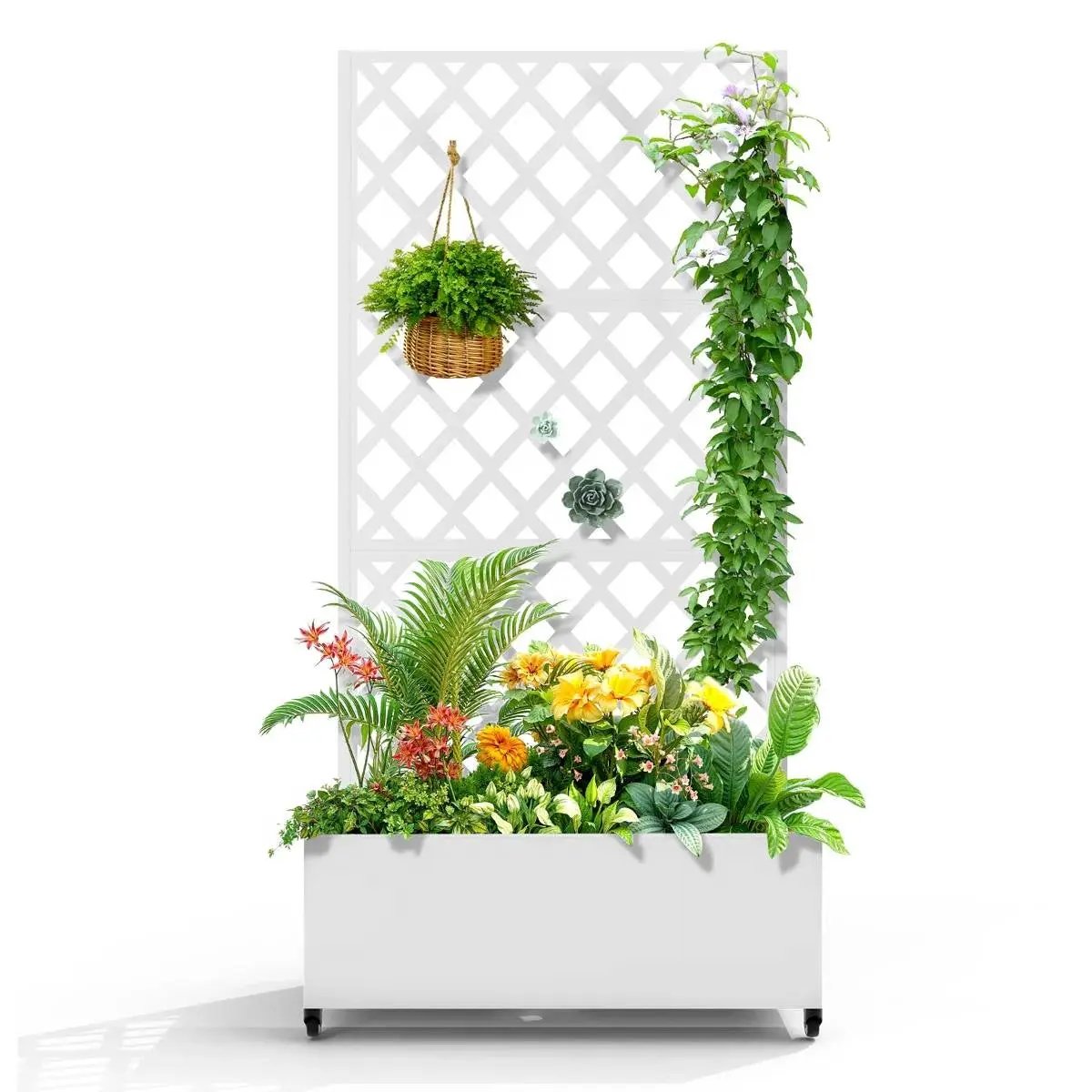 White Metal Outdoor Raised Garden Bed Planter Box with Trellis on Wheels by HomePacific