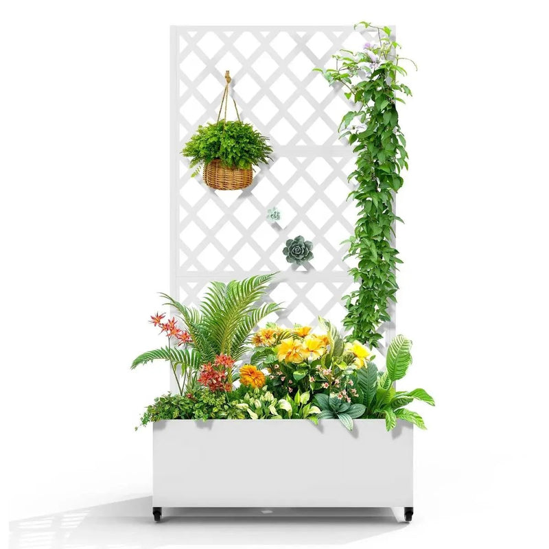 White Metal Outdoor Raised Garden Bed Planter Box with Trellis on Wheels by HomePacific