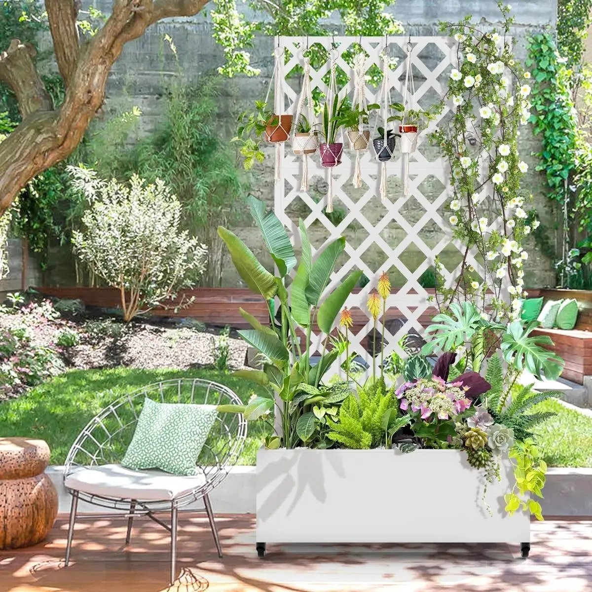 White Metal Outdoor Raised Garden Bed Planter Box with Trellis on Wheels by HomePacific