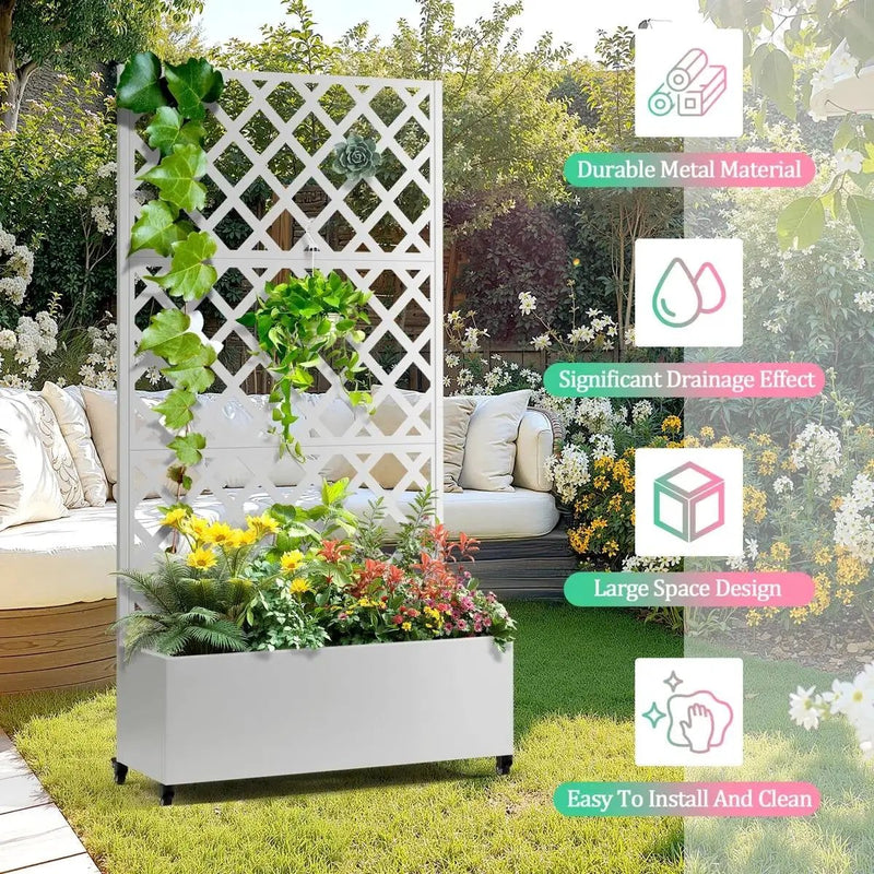White Metal Outdoor Raised Garden Bed Planter Box with Trellis on Wheels by HomePacific
