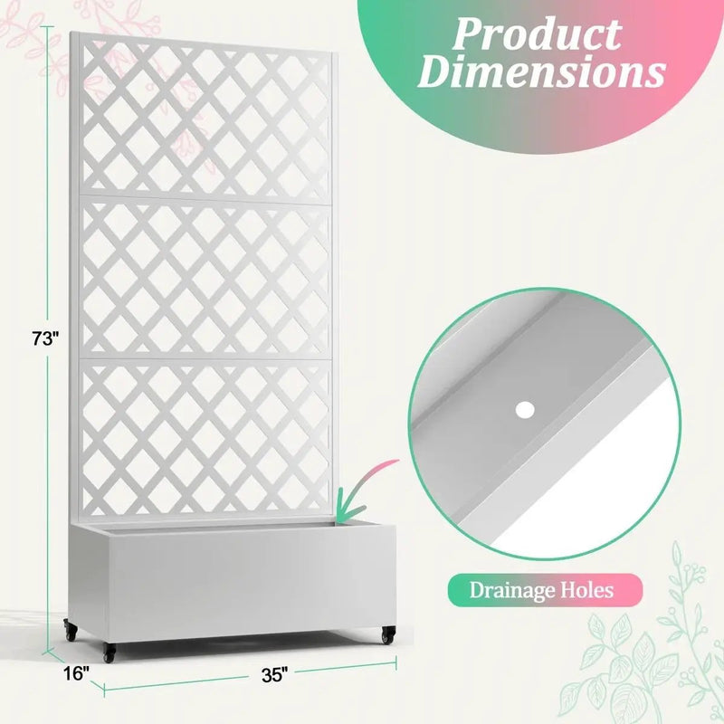 White Metal Outdoor Raised Garden Bed Planter Box with Trellis on Wheels by HomePacific