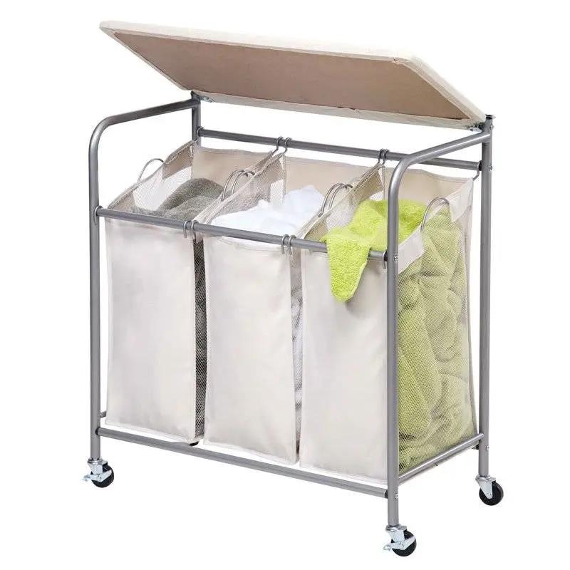 3 Section Wheeled Laundry Sorter Cart with Lift Top Folding Ironing Board by HomePacific