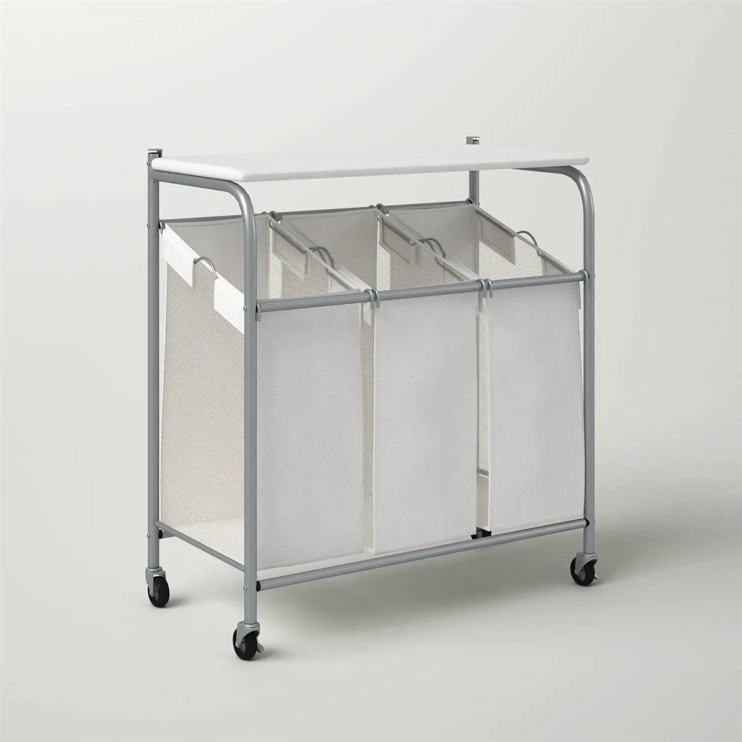 3 Section Wheeled Laundry Sorter Cart with Lift Top Folding Ironing Board by HomePacific
