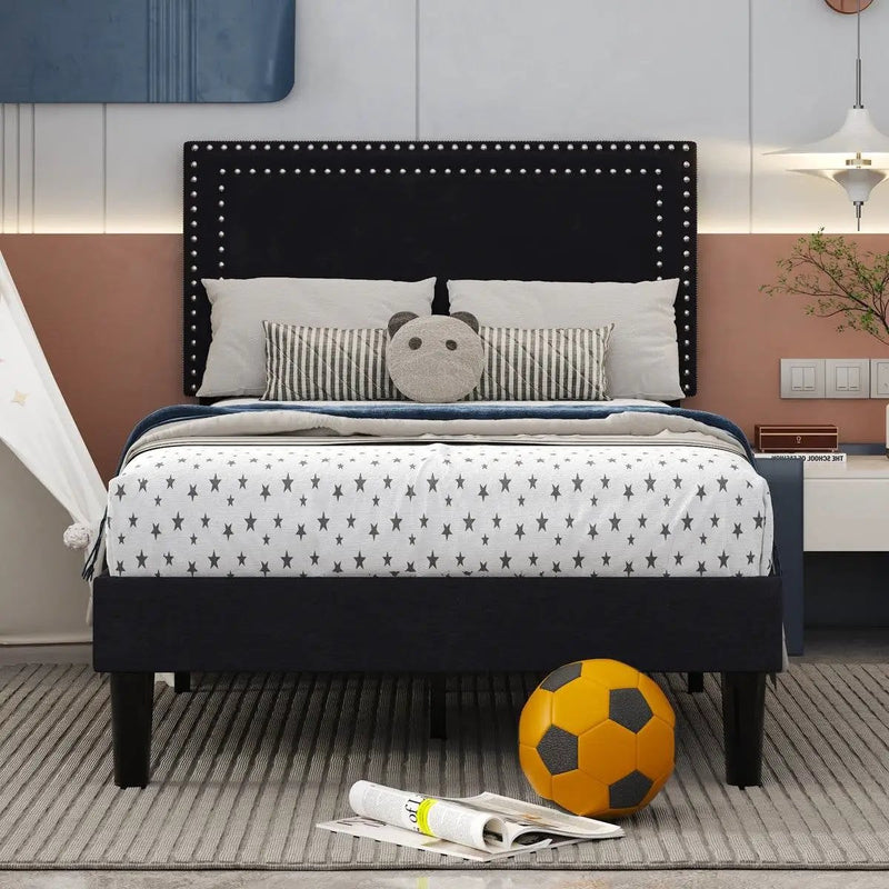 Set of 2 - Twin Dorm Style Black Tufted Upholstered Platform Bed with Headboard by HomePacific