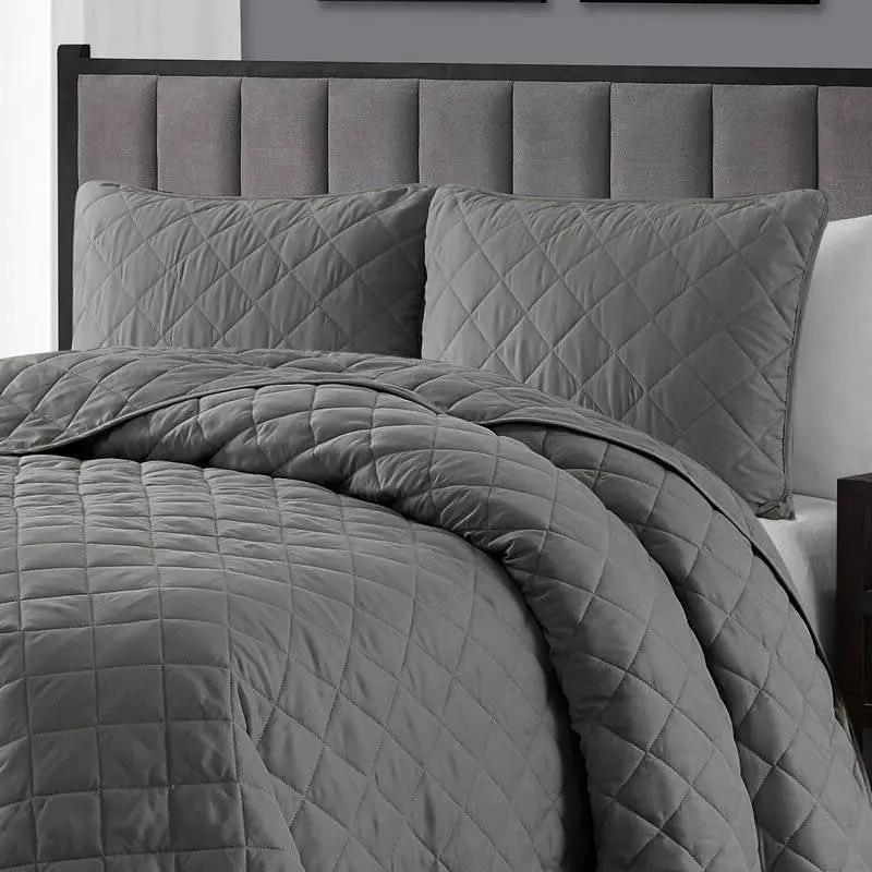 Twin/Twin XL 2-Piece Dark Grey Polyester Microfiber Diamond Quilt Set by HomePacific