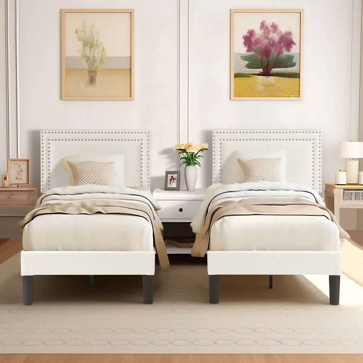 Set of 2 - Twin size White Tufted Upholstered Platform Bed Frame with Headboard by HomePacific