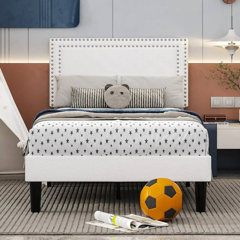 Set of 2 - Twin size White Tufted Upholstered Platform Bed Frame with Headboard by HomePacific