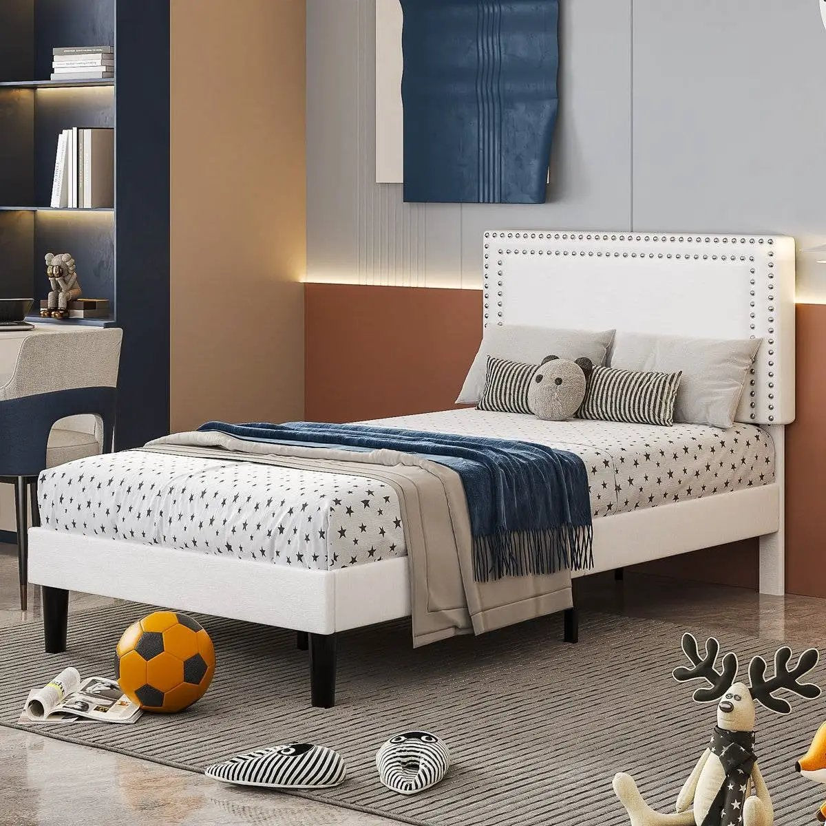Set of 2 - Twin size White Tufted Upholstered Platform Bed Frame with Headboard by HomePacific