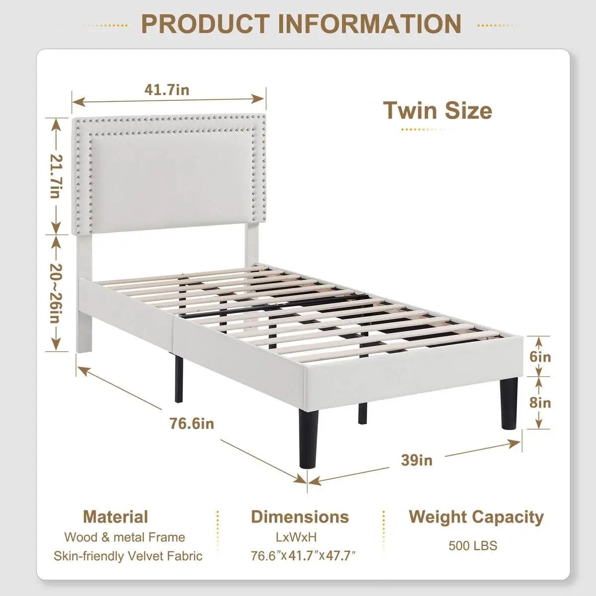 Set of 2 - Twin size White Tufted Upholstered Platform Bed Frame with Headboard by HomePacific