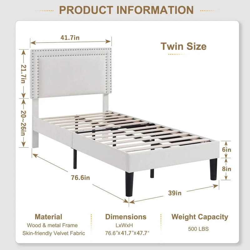 Set of 2 - Twin size White Tufted Upholstered Platform Bed Frame with Headboard by HomePacific