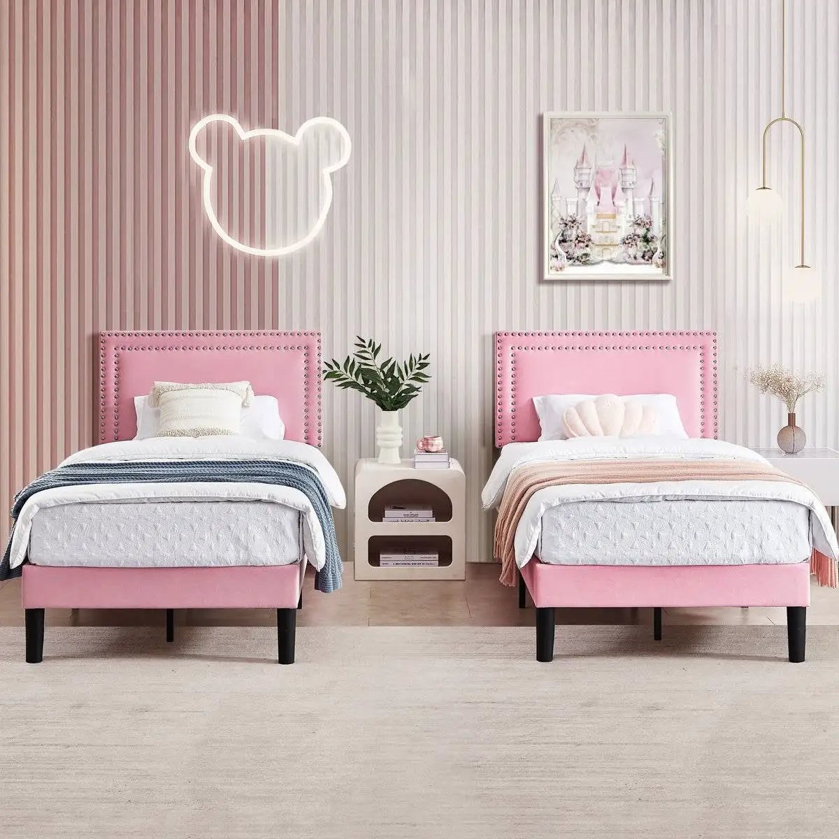 Set of 2 - Twin size Pink Upholstered Platform Bed with Nailhead Trim Headboard by HomePacific