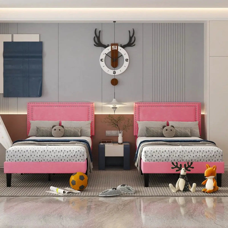 Set of 2 - Twin size Pink Upholstered Platform Bed with Nailhead Trim Headboard by HomePacific