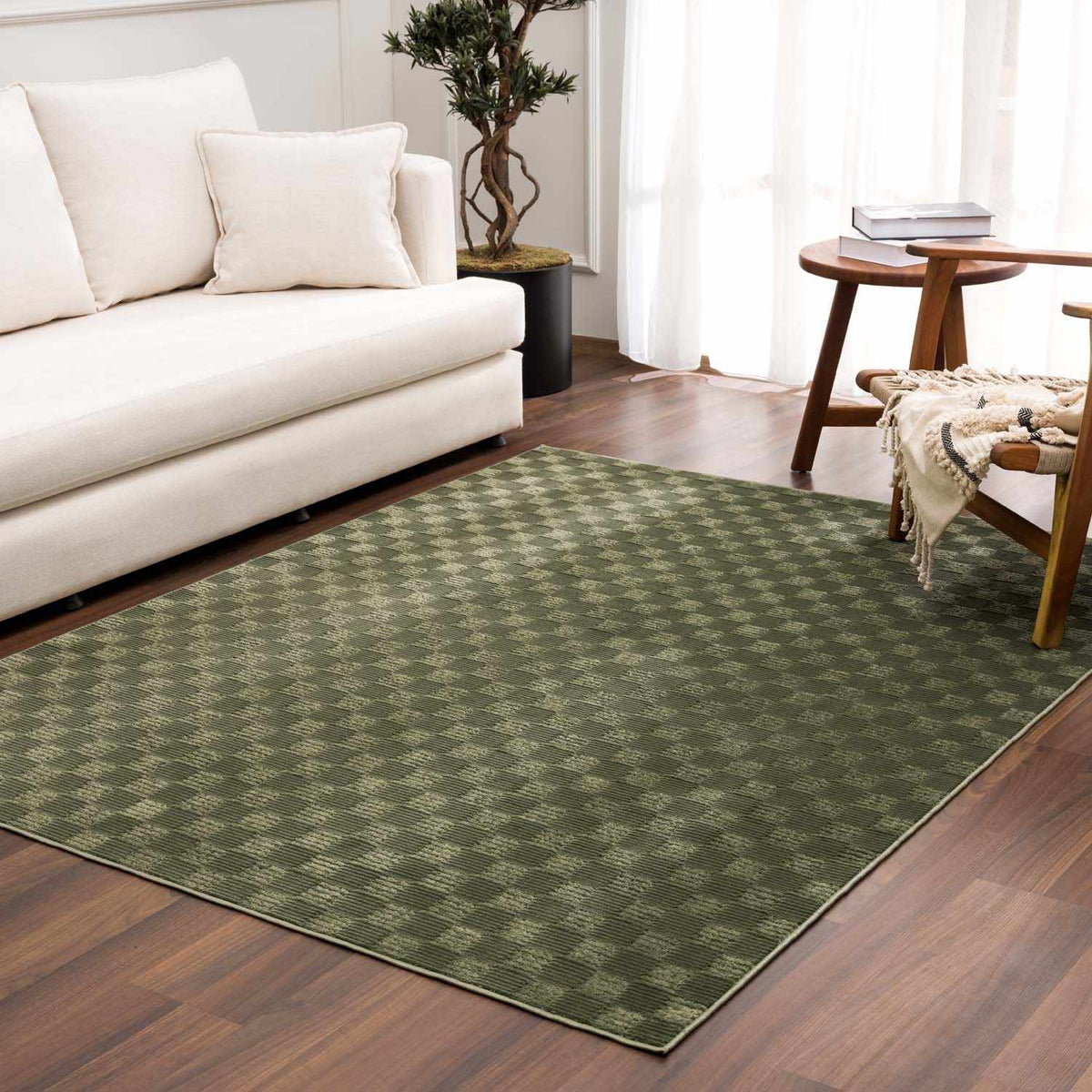 Truls 3D Checkered Washable Rug - Green, installed in a room