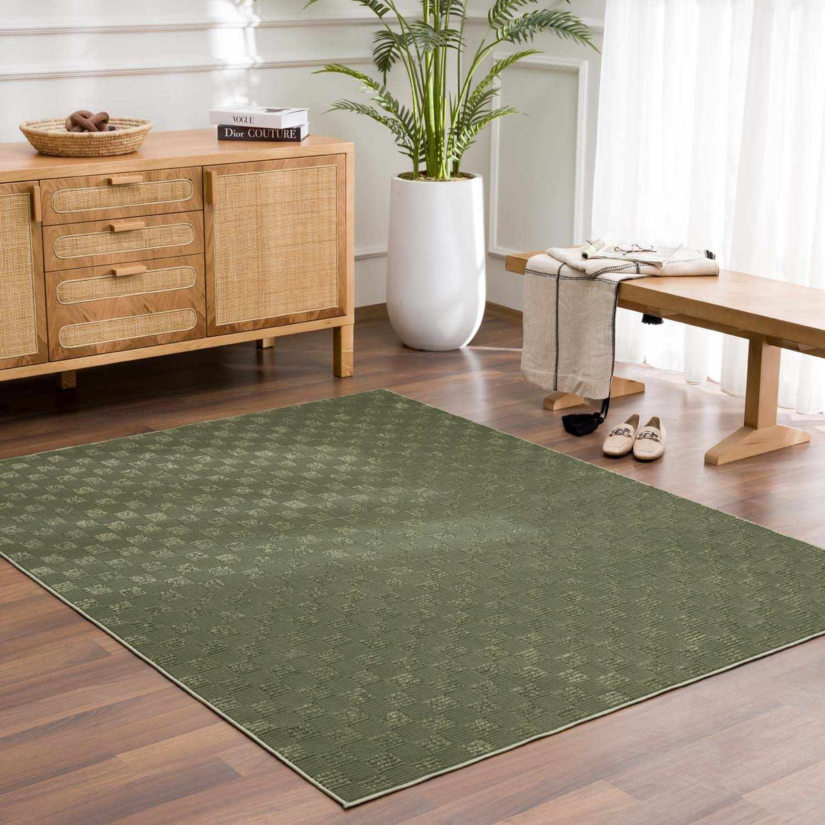 Truls 3D Checkered Washable Rug - Green, installed in a room 2