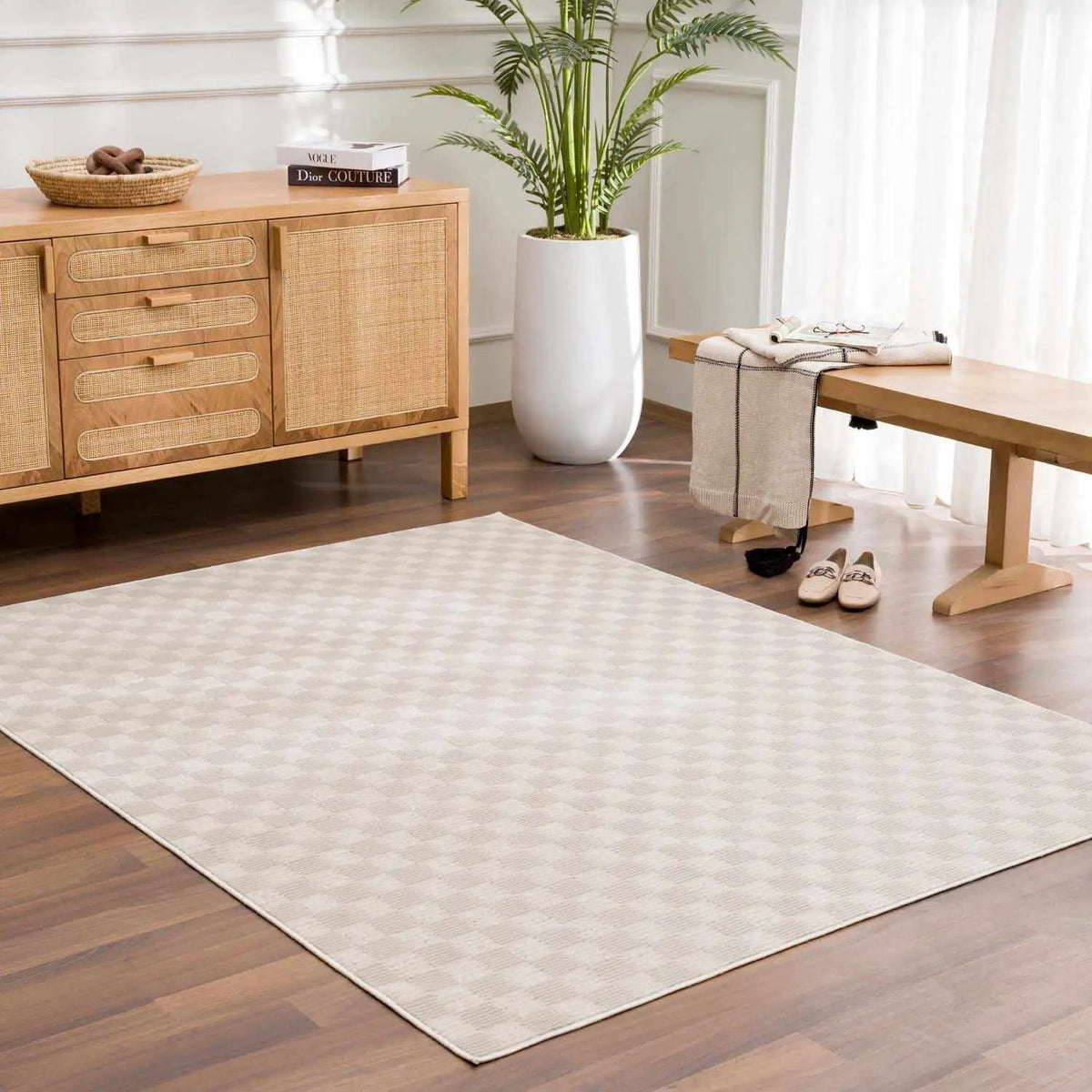 Truls 3D Checkered Washable Rug - Biscotti, installed in a room 3