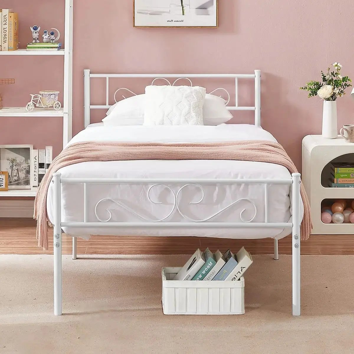 Twin size White Metal Platform Bed Frame with Headboard and Footboard by HomePacific