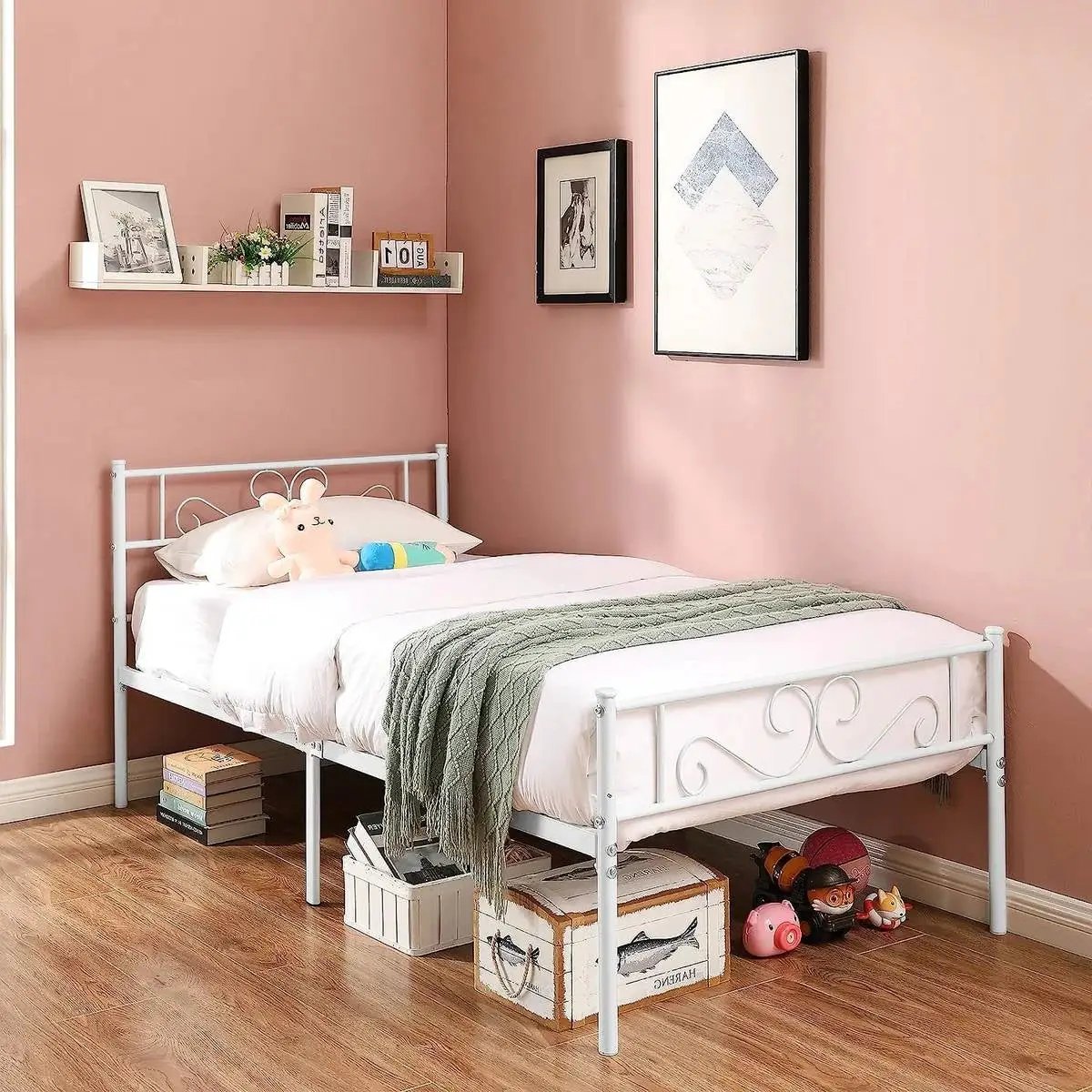 Twin size White Metal Platform Bed Frame with Headboard and Footboard by HomePacific