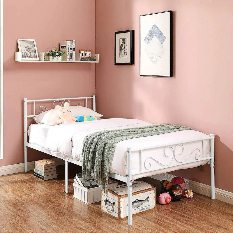 Twin size White Metal Platform Bed Frame with Headboard and Footboard by HomePacific