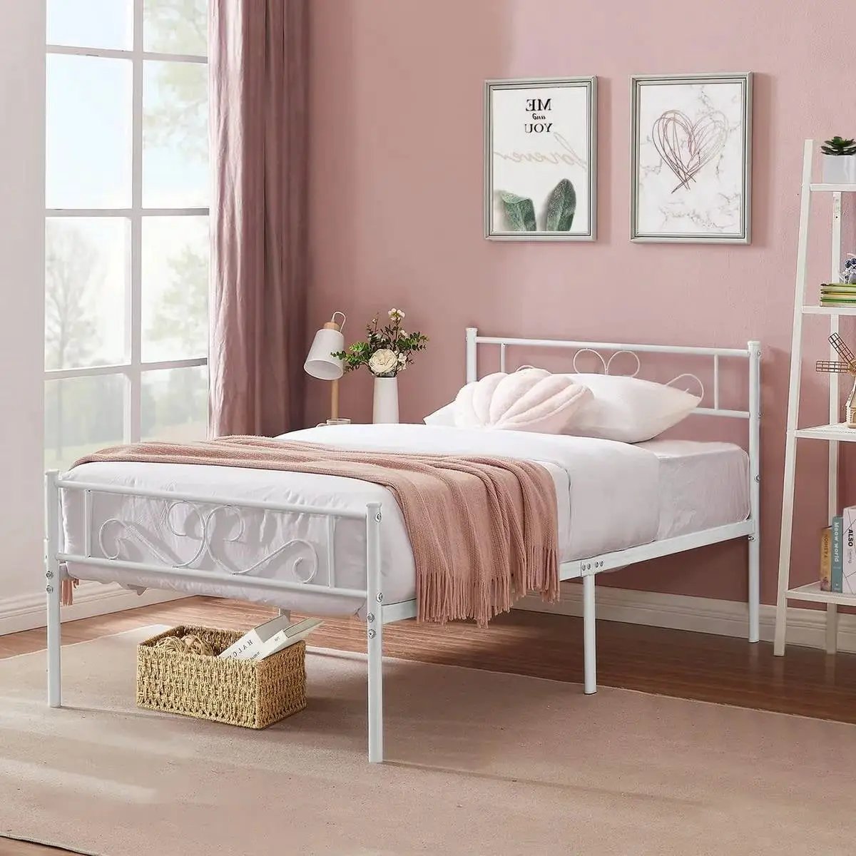 Twin size White Metal Platform Bed Frame with Headboard and Footboard by HomePacific