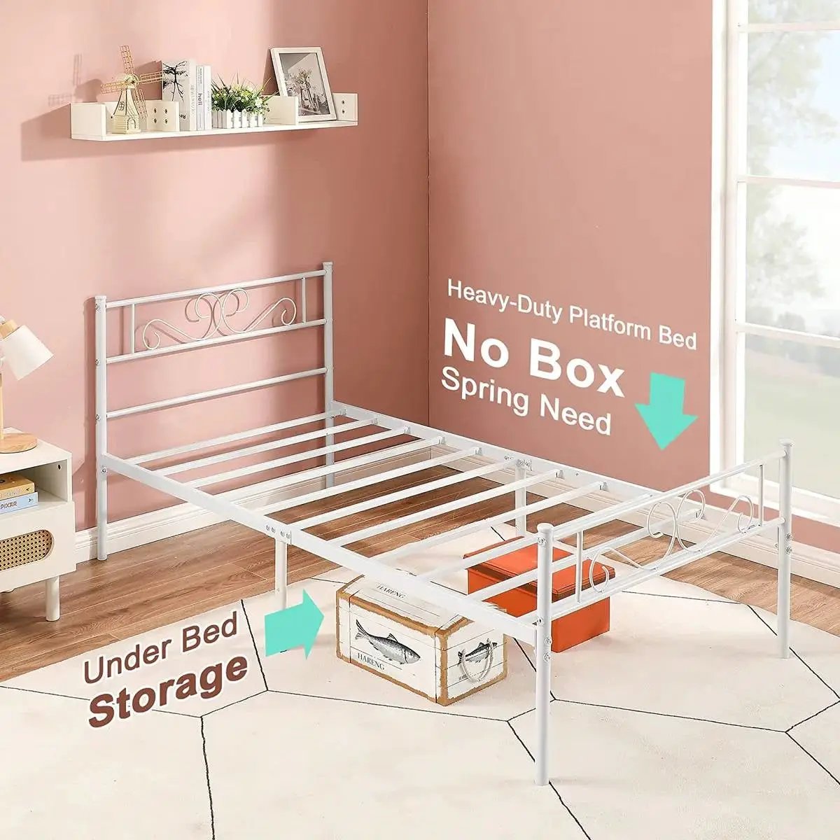 Twin size White Metal Platform Bed Frame with Headboard and Footboard by HomePacific