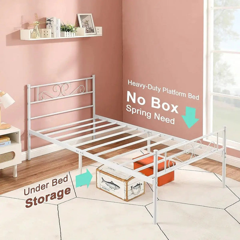 Twin size White Metal Platform Bed Frame with Headboard and Footboard by HomePacific