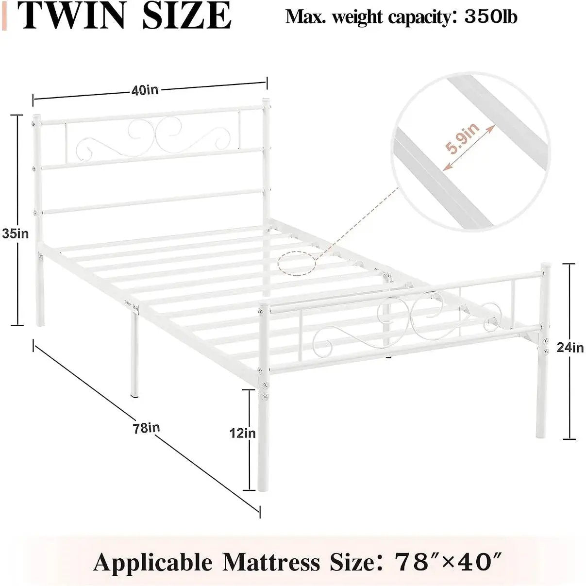 Twin size White Metal Platform Bed Frame with Headboard and Footboard by HomePacific
