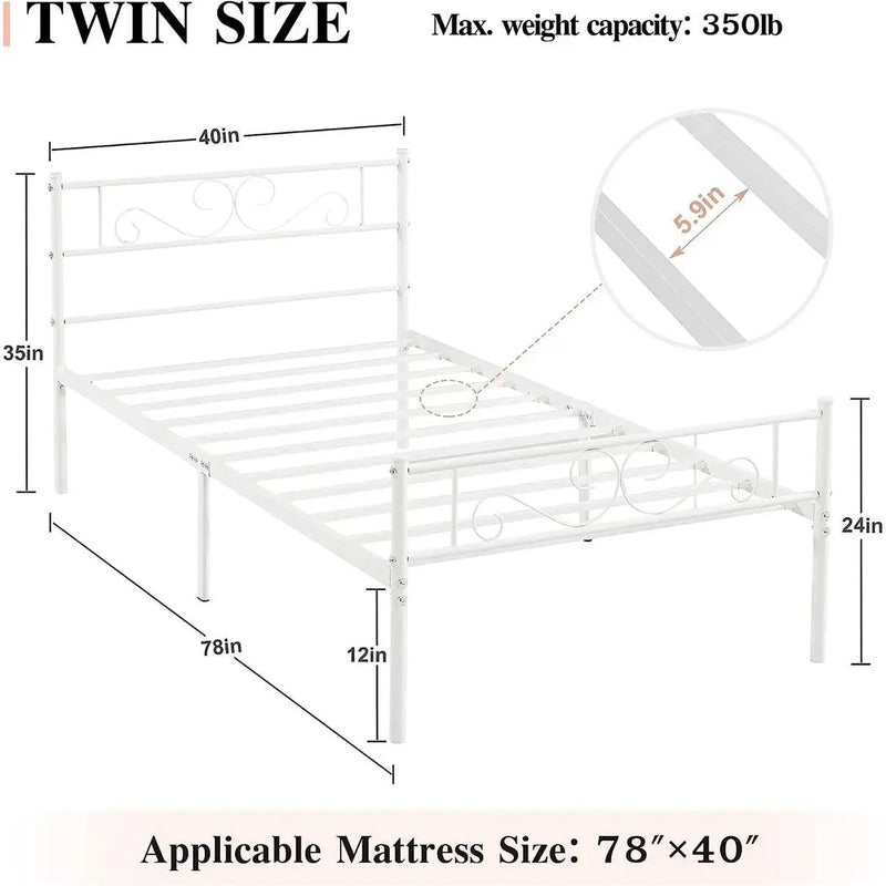 Twin size White Metal Platform Bed Frame with Headboard and Footboard by HomePacific