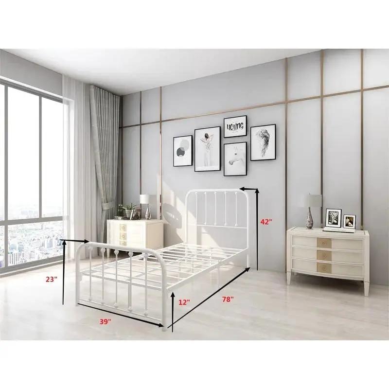 Twin White Metal Bed Frame with Slatted Rounded Corners Headboard and Footboard by HomePacific