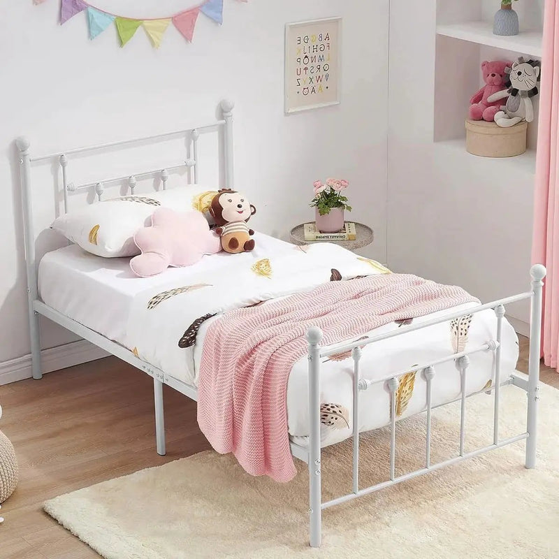 Twin Victorian Style White Metal Platform Bed Frame with Headboard Footboard by HomePacific