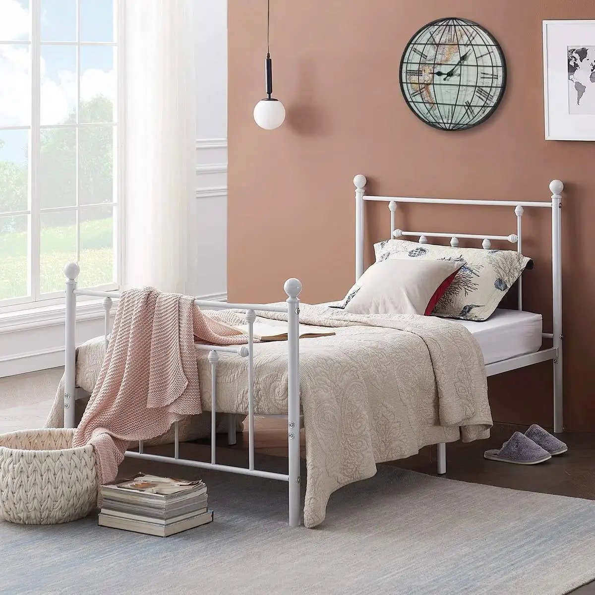 Twin Victorian Style White Metal Platform Bed Frame with Headboard Footboard by HomePacific