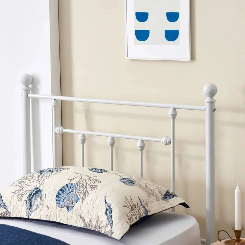 Twin Victorian Style White Metal Platform Bed Frame with Headboard Footboard by HomePacific