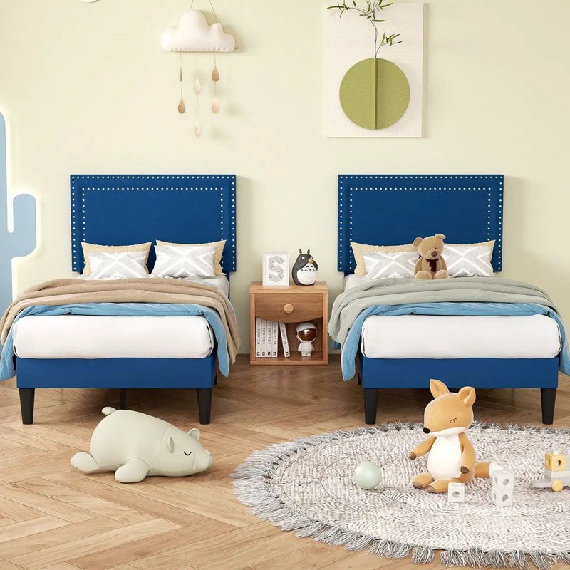 Set of 2 - Twin Dark Blue Upholstered Platform Bed with Nailhead Trim Headboard by HomePacific
