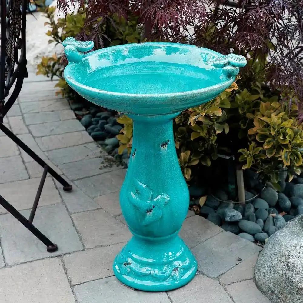 Outdoor Turquoise Blue Ceramic Birdbath by HomePacific