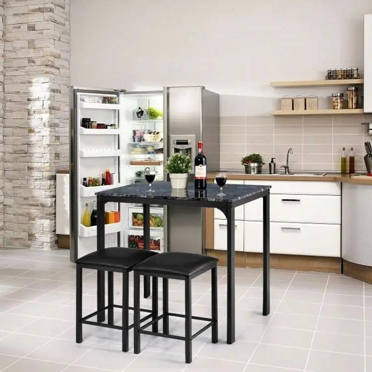 Modern 3-Piece Dining Set Black Faux Marble Table-Top and 2 Black Chairs Stools by HomePacific