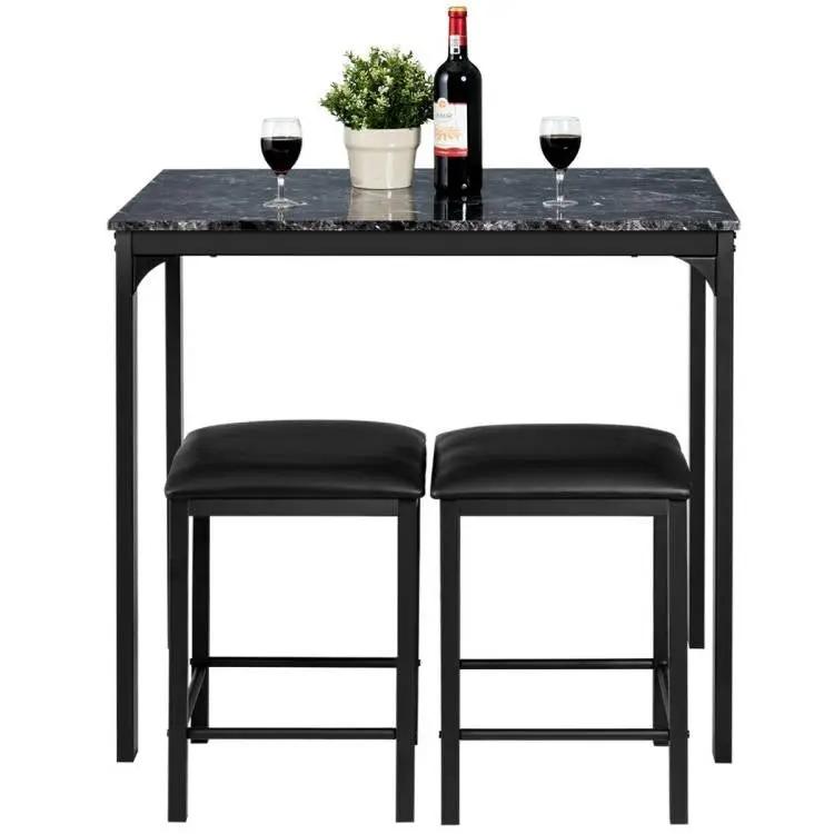 Modern 3-Piece Dining Set Black Faux Marble Table-Top and 2 Black Chairs Stools by HomePacific