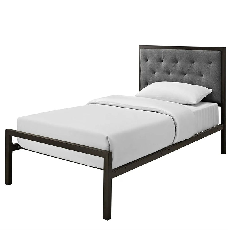 Twin Metal Platform Bed with Gray Fabric Button Tufted Upholstered Headboard by HomePacific