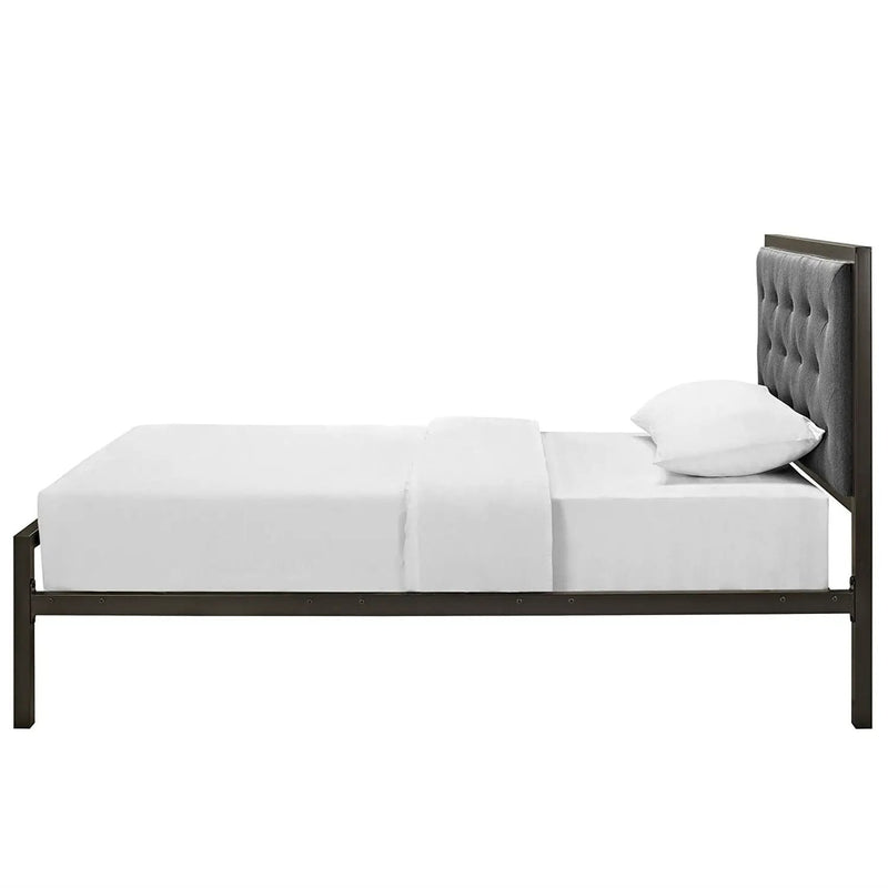 Twin Metal Platform Bed with Gray Fabric Button Tufted Upholstered Headboard by HomePacific