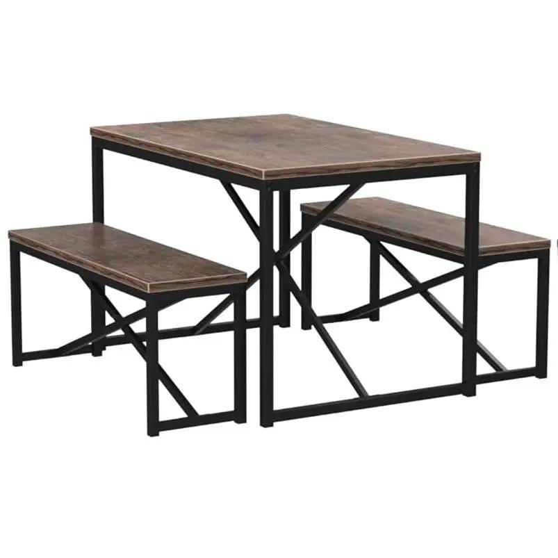 Modern 3-Piece Dining Set with Wood Top Metal Frame Table and 2 Bench Chairs by HomePacific