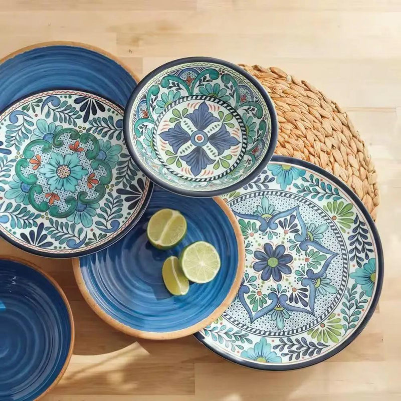12-Piece Melamine Dinnerware Plates Bowls Set with Blue Floral Pattern by HomePacific
