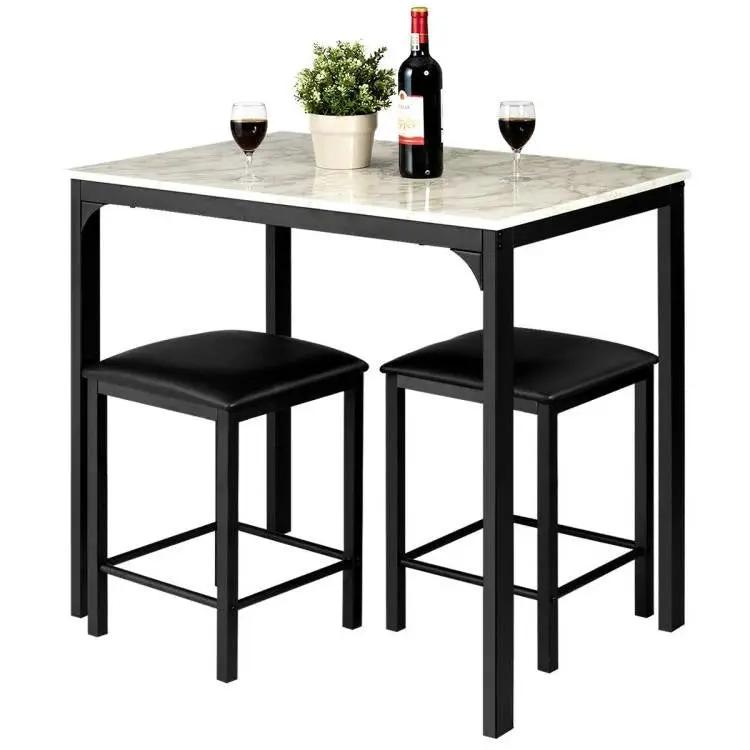 Modern 3-Piece Dining Set White Faux Marble Table-Top and 2 Black Chairs Stools by HomePacific
