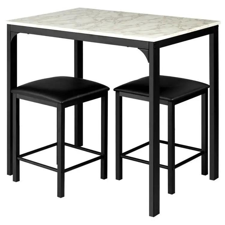 Modern 3-Piece Dining Set White Faux Marble Table-Top and 2 Black Chairs Stools by HomePacific