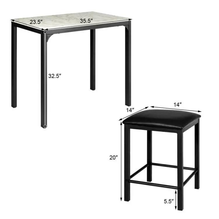 Modern 3-Piece Dining Set White Faux Marble Table-Top and 2 Black Chairs Stools by HomePacific