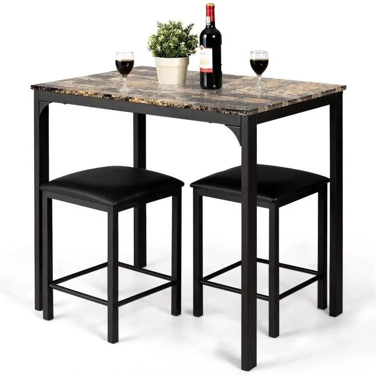 Modern 3-Piece Dining Set Brown Faux Marble Table-Top and 2 Black Chairs Stools by HomePacific